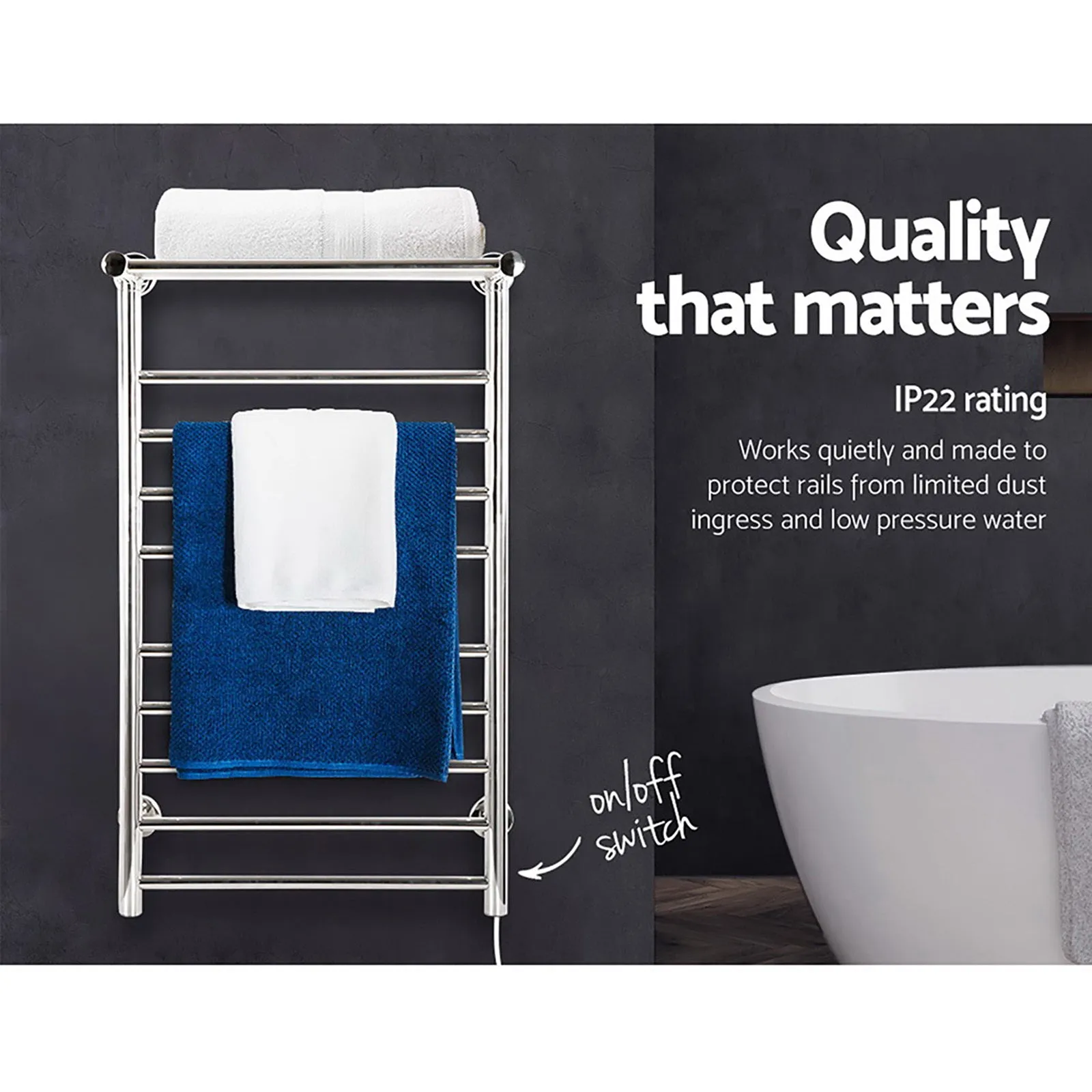 14-Bar Electric Heated Towel Rail Rack, Stainless Steel, Devanti