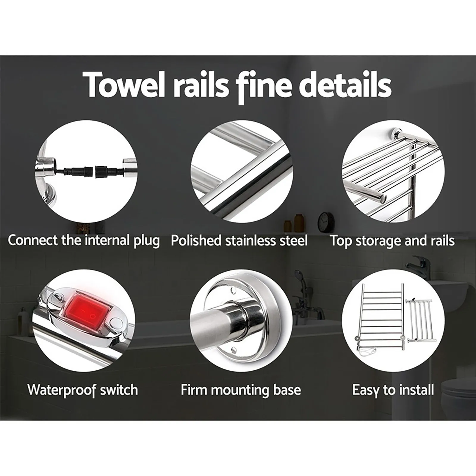 14-Bar Electric Heated Towel Rail Rack, Stainless Steel, Devanti