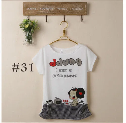 2015 New t-shirt Women tops tees women Loose cartoon t shirt Short Sleeve Women's batwing sleeve summer Printed T Shirts