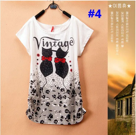 2015 New t-shirt Women tops tees women Loose cartoon t shirt Short Sleeve Women's batwing sleeve summer Printed T Shirts