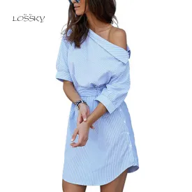 2017 Summer Women's One Shoulder Blue Striped Women Shirt Dress Sexy Side Split Elegant Half Sleeve Waistband Beach Dresses