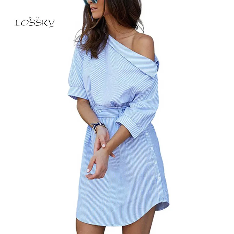 2017 Summer Women's One Shoulder Blue Striped Women Shirt Dress Sexy Side Split Elegant Half Sleeve Waistband Beach Dresses