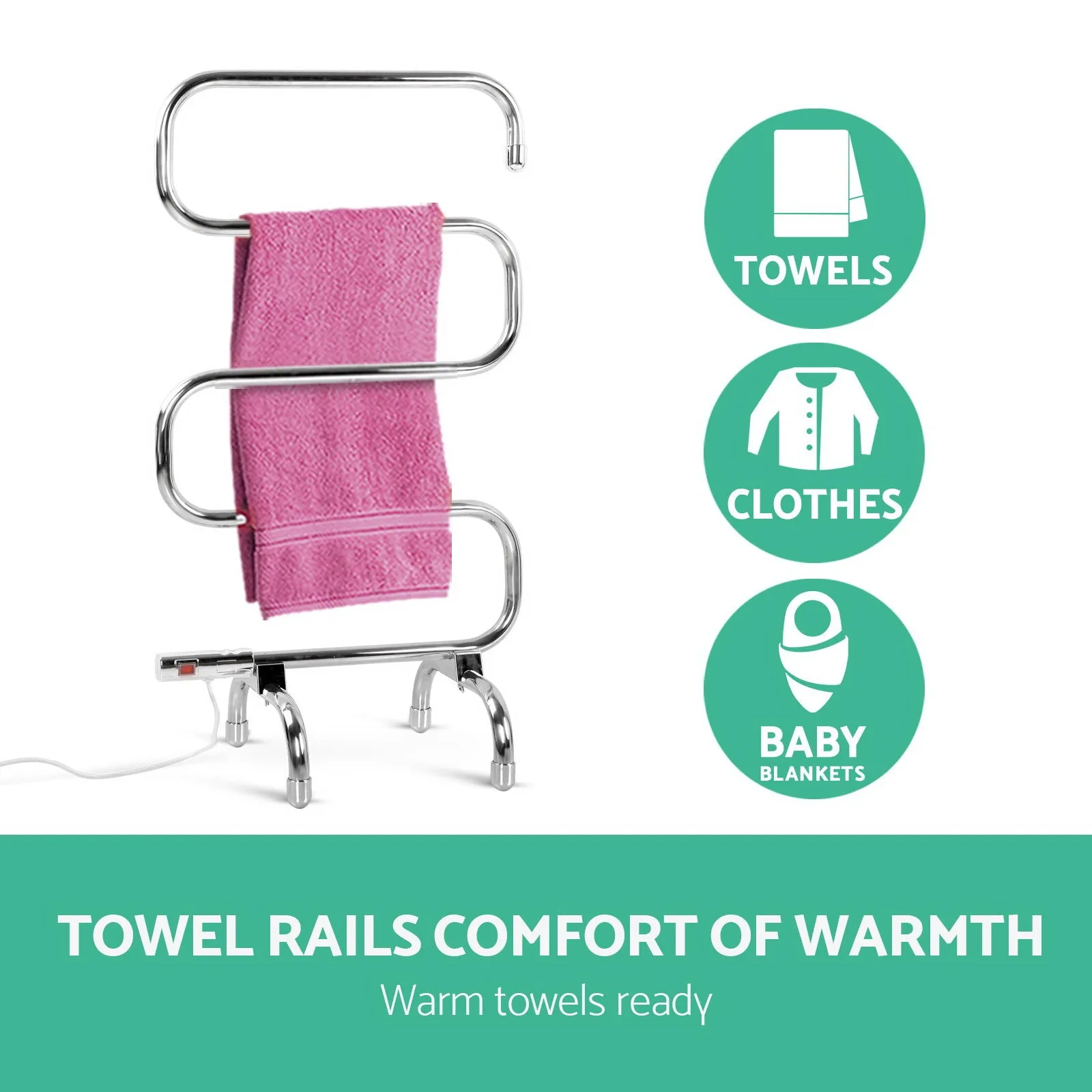 5-Bar Heated Towel Rail, Freestanding, Stainless Steel - Devanti