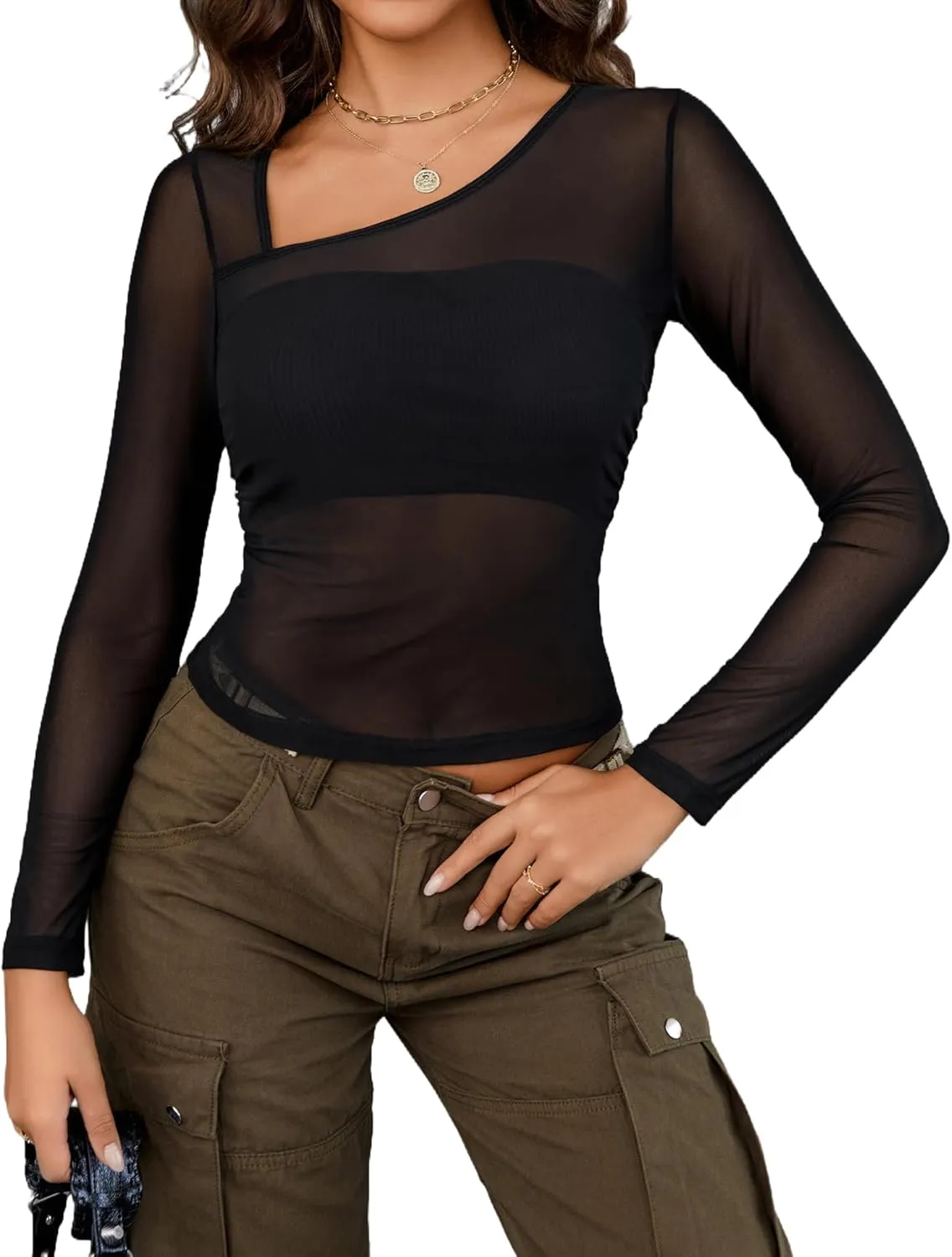 Asymmetrical Neck Sheer Crop Top