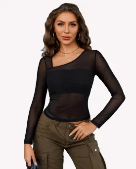Asymmetrical Neck Sheer Crop Top