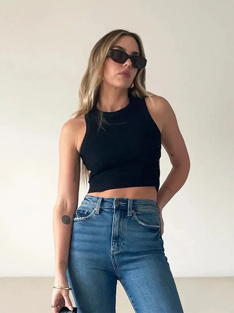 Basic Elastic Tank Top U Neck Solid Tank Top Short Sleeve Tee