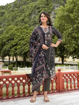 Black Ethnic Motif Printed Liva Rayon Kurta Pant And Dupatta Set With Sequins