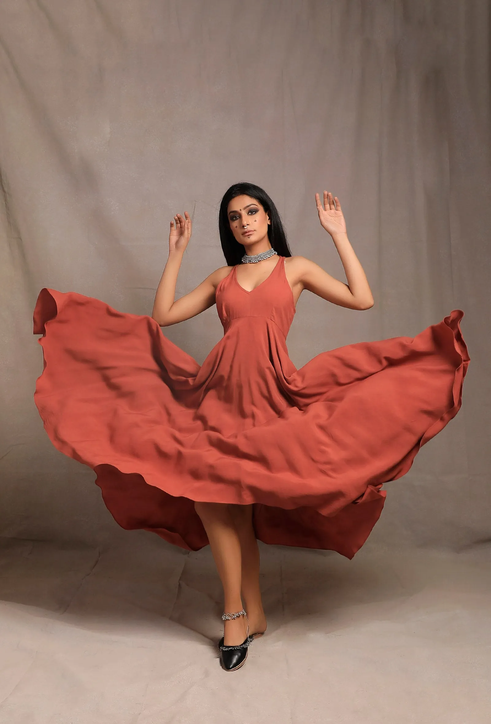Burnt Brick Sleeveless Asymmetrical Dress