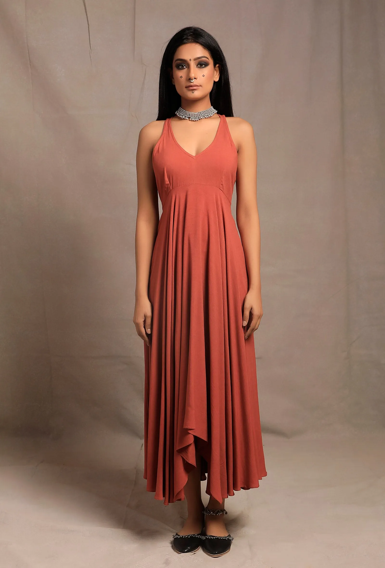 Burnt Brick Sleeveless Asymmetrical Dress
