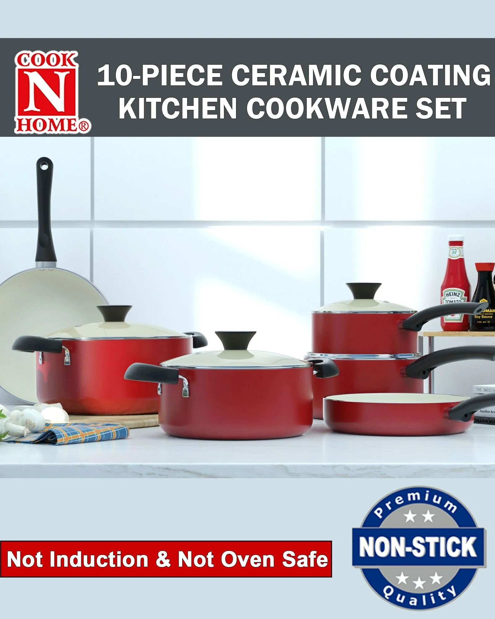 Cook N Home Pots and Pans Set Nonstick, 10-Piece Ceramic Kitchen Cookware Sets, Nonstick Cooking Set with Saucepans, Frying Pans, Dutch Oven Pot with Lids, Red