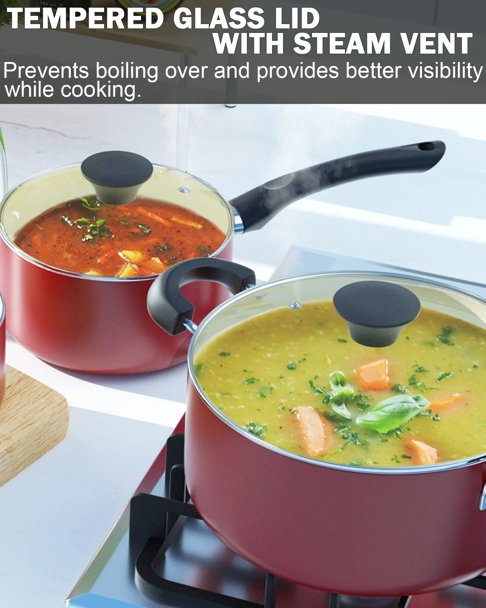 Cook N Home Pots and Pans Set Nonstick, 10-Piece Ceramic Kitchen Cookware Sets, Nonstick Cooking Set with Saucepans, Frying Pans, Dutch Oven Pot with Lids, Red