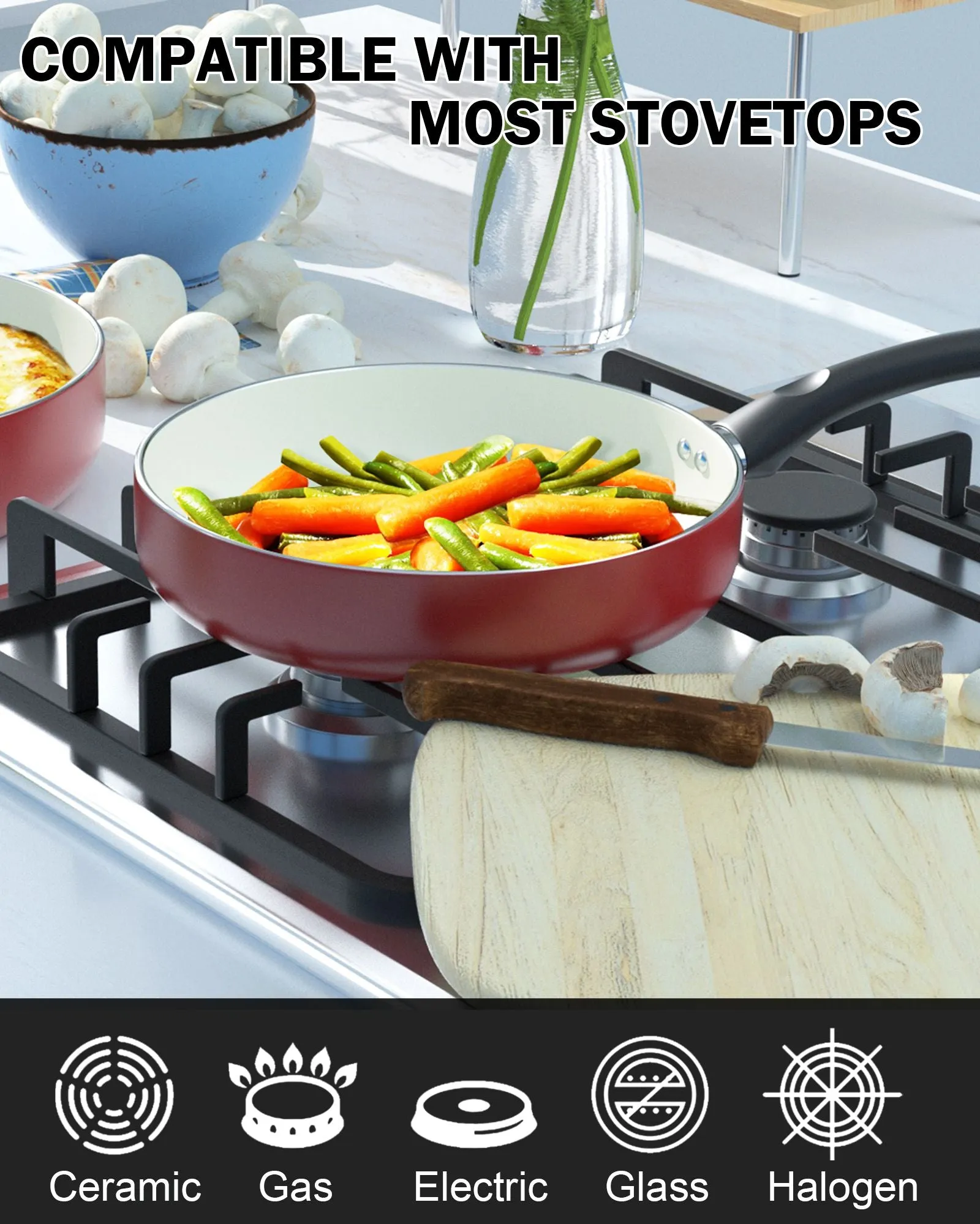 Cook N Home Pots and Pans Set Nonstick, 10-Piece Ceramic Kitchen Cookware Sets, Nonstick Cooking Set with Saucepans, Frying Pans, Dutch Oven Pot with Lids, Red