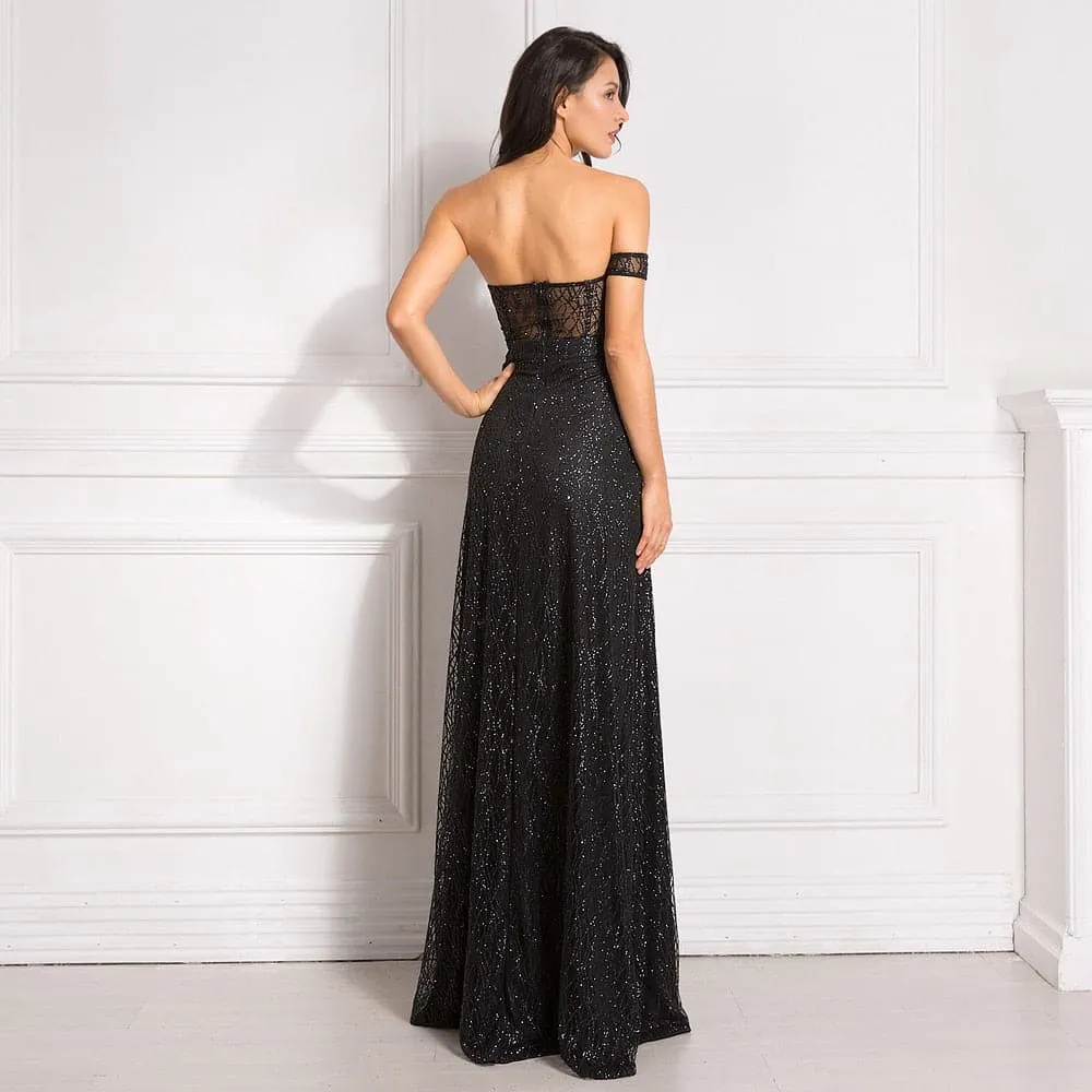 DressBetty - Off Shoulder Glitters Floor Length Split Party Dress