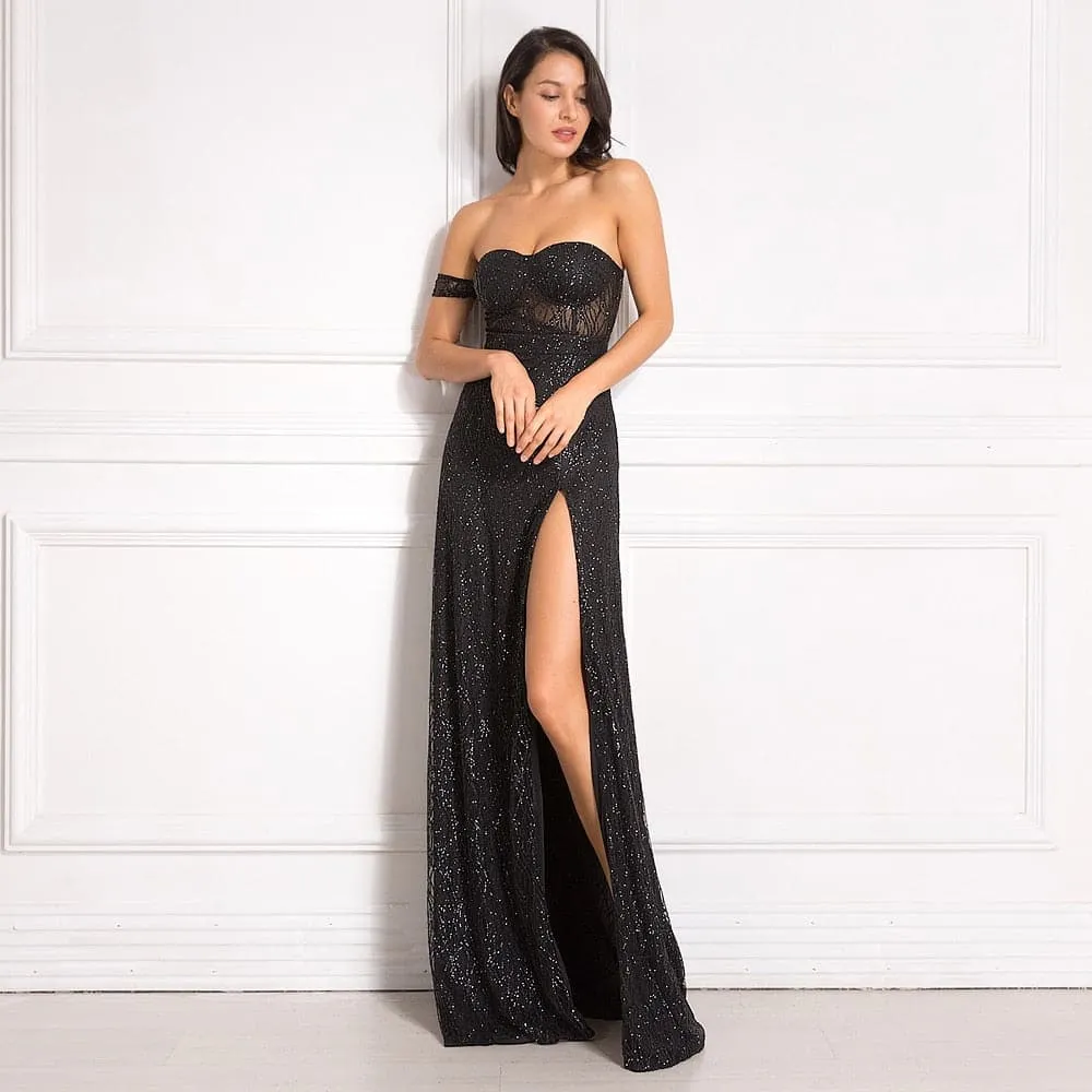 DressBetty - Off Shoulder Glitters Floor Length Split Party Dress