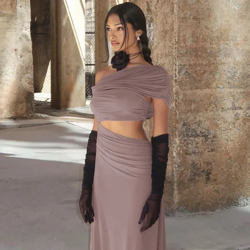 Elegant One Shoulder Short Sleeve Bodycon Maxi Dress