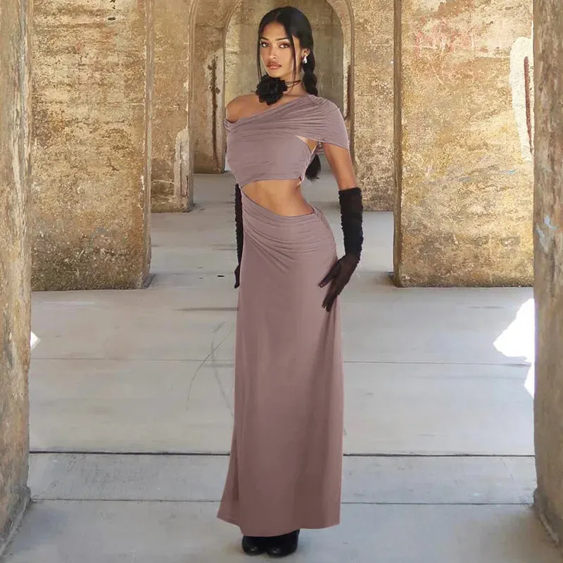 Elegant One Shoulder Short Sleeve Bodycon Maxi Dress