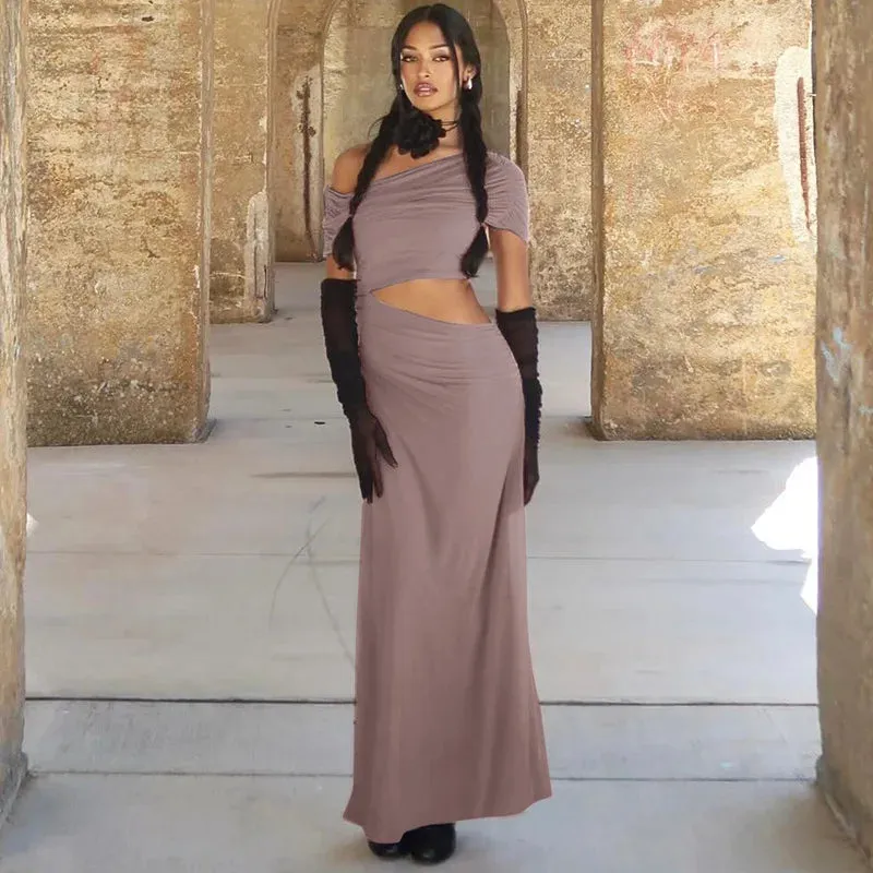 Elegant One Shoulder Short Sleeve Bodycon Maxi Dress