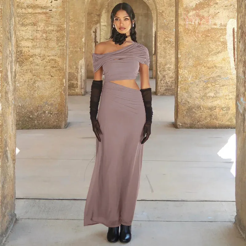 Elegant One Shoulder Short Sleeve Bodycon Maxi Dress