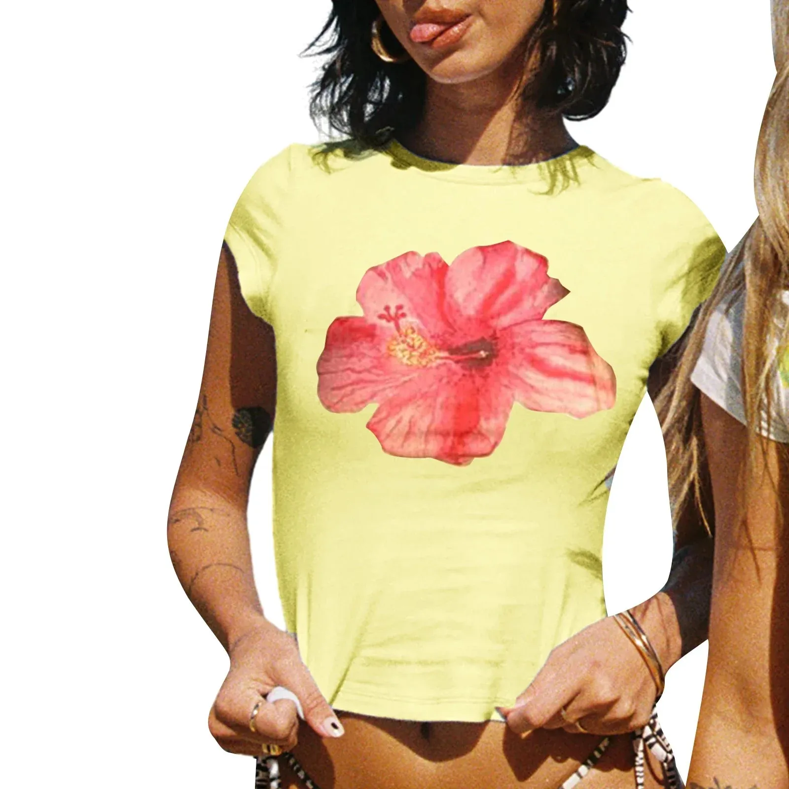 Floral Print Round Neck Short Sleeve Slim Crop Aesthetic Streetwear Summer T-shirt