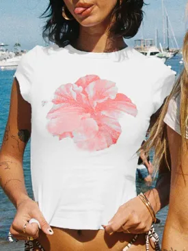 Floral Print Round Neck Short Sleeve Slim Crop Aesthetic Streetwear Summer T-shirt