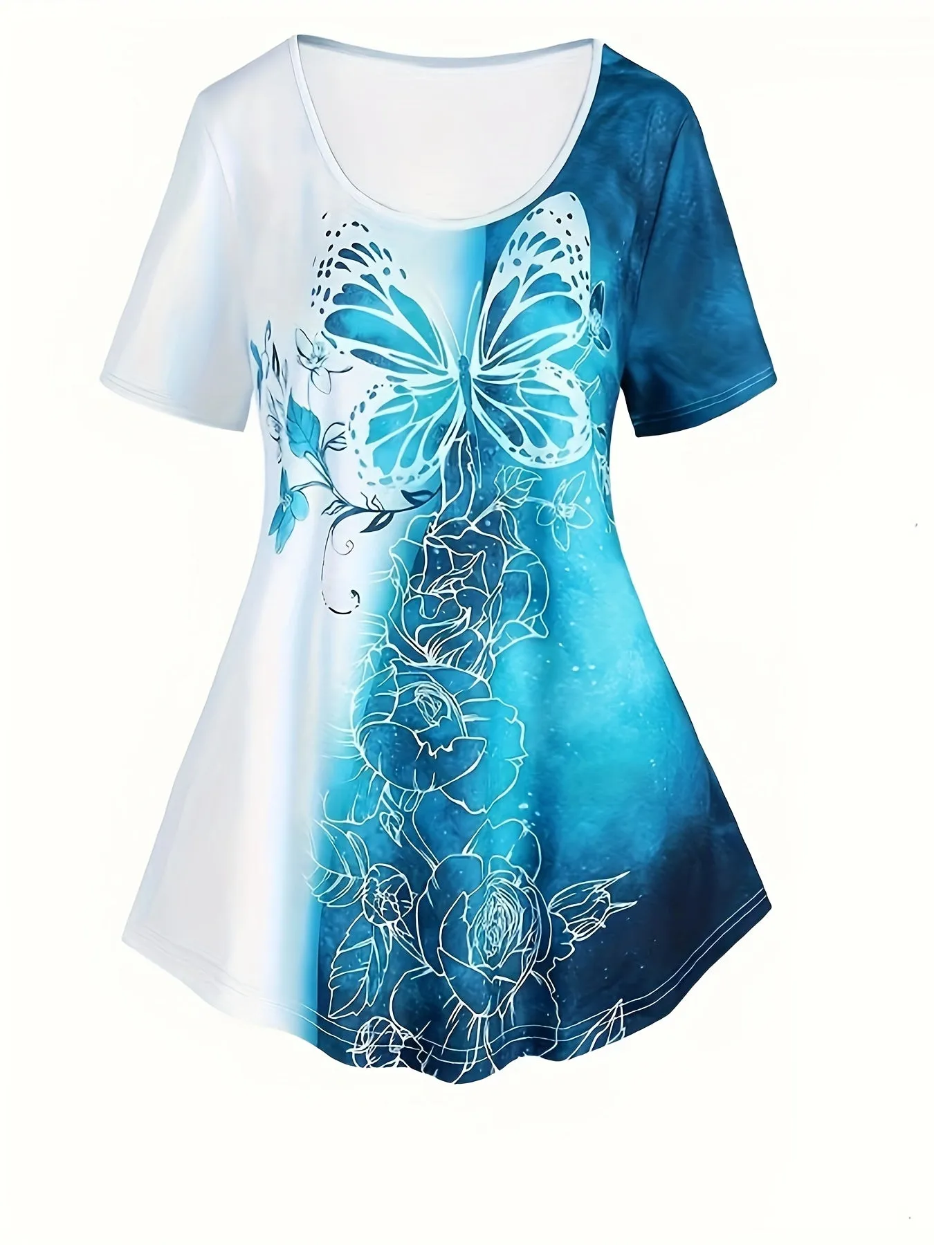 Fluttering Curves Plus Size Butterfly Print Two-piece Set - Crew Neck Short Sleeve Top & Capri Pants Ensemble for Women's Fashion