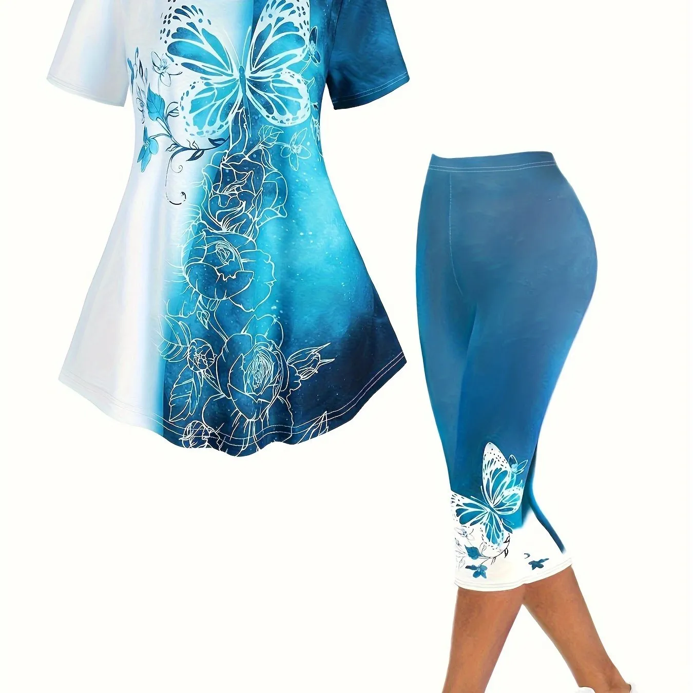 Fluttering Curves Plus Size Butterfly Print Two-piece Set - Crew Neck Short Sleeve Top & Capri Pants Ensemble for Women's Fashion