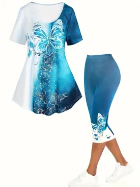 Fluttering Curves Plus Size Butterfly Print Two-piece Set - Crew Neck Short Sleeve Top & Capri Pants Ensemble for Women's Fashion