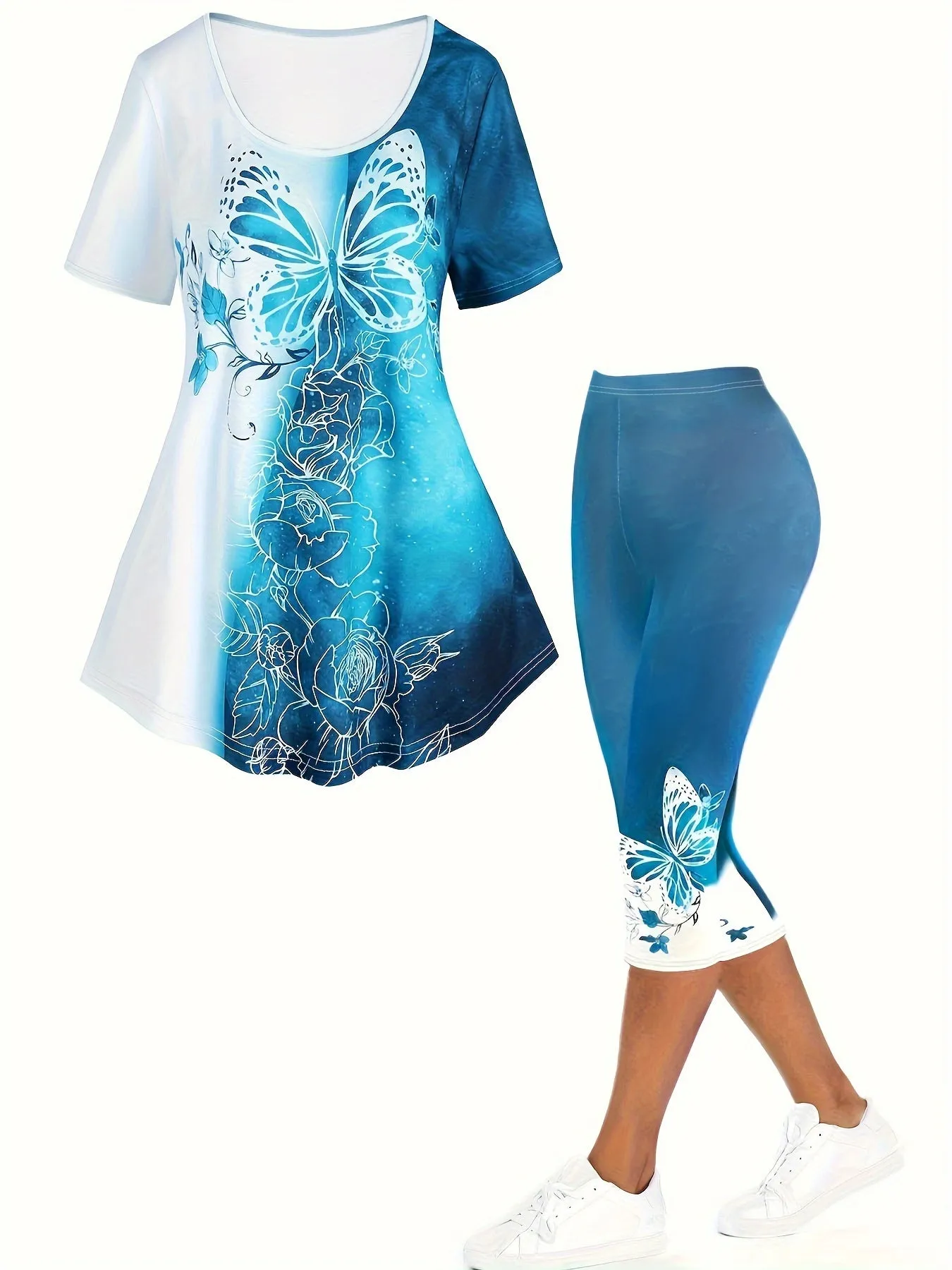Fluttering Curves Plus Size Butterfly Print Two-piece Set - Crew Neck Short Sleeve Top & Capri Pants Ensemble for Women's Fashion