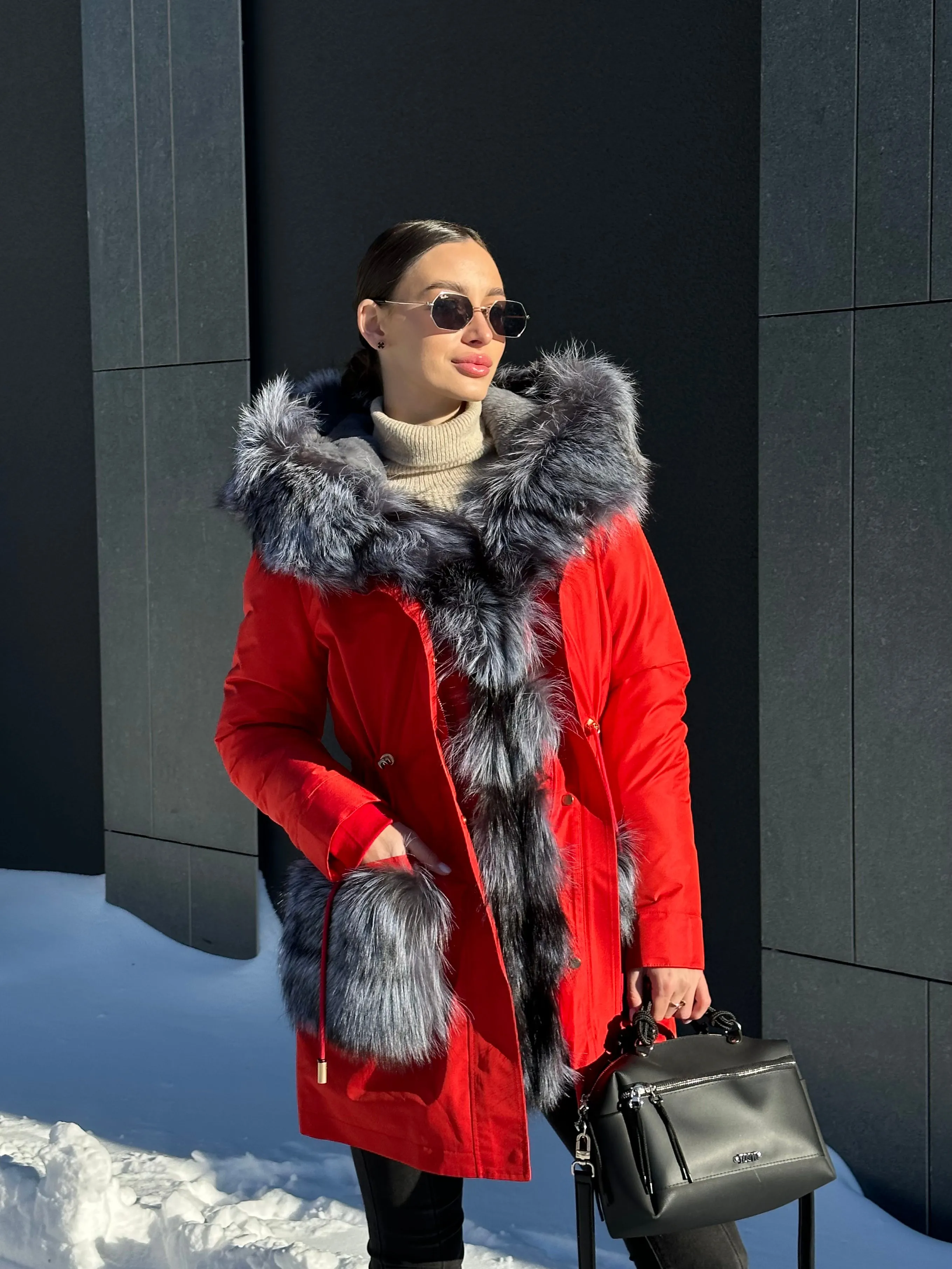 Genuine Silver Fox Fur Rabbit Fur Insulated Parka