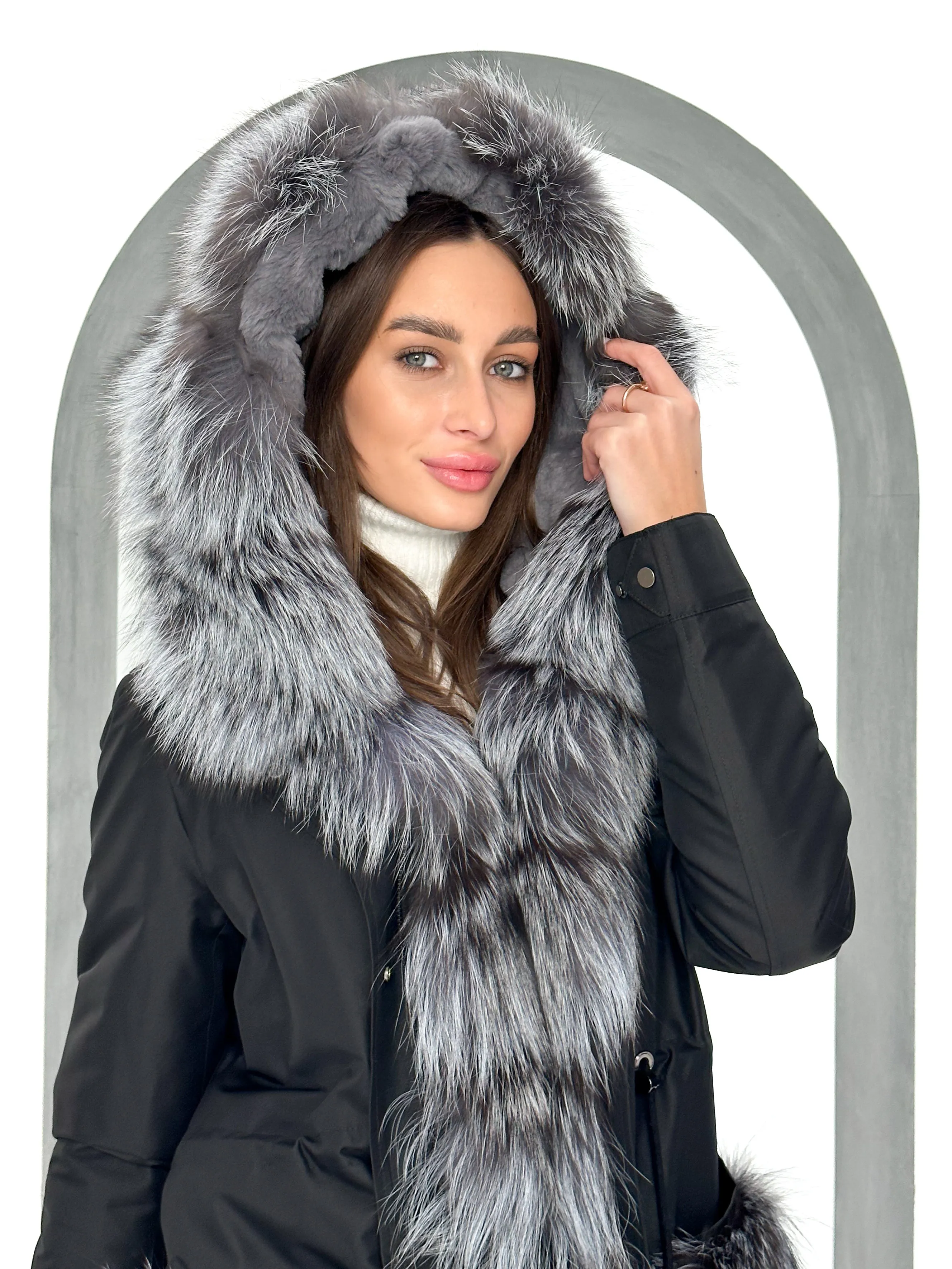 Genuine Silver Fox Fur Rabbit Fur Insulated Parka