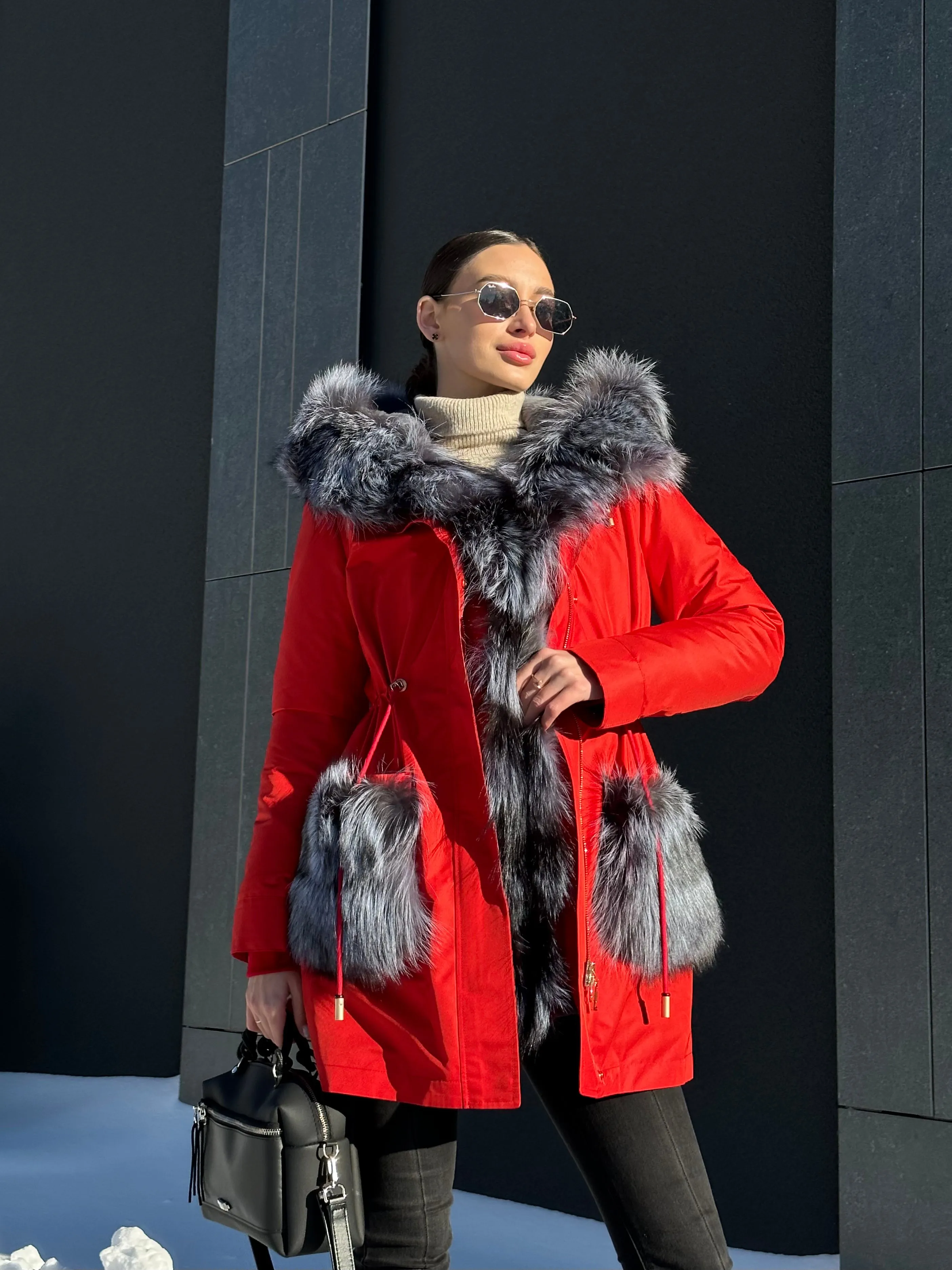 Genuine Silver Fox Fur Rabbit Fur Insulated Parka