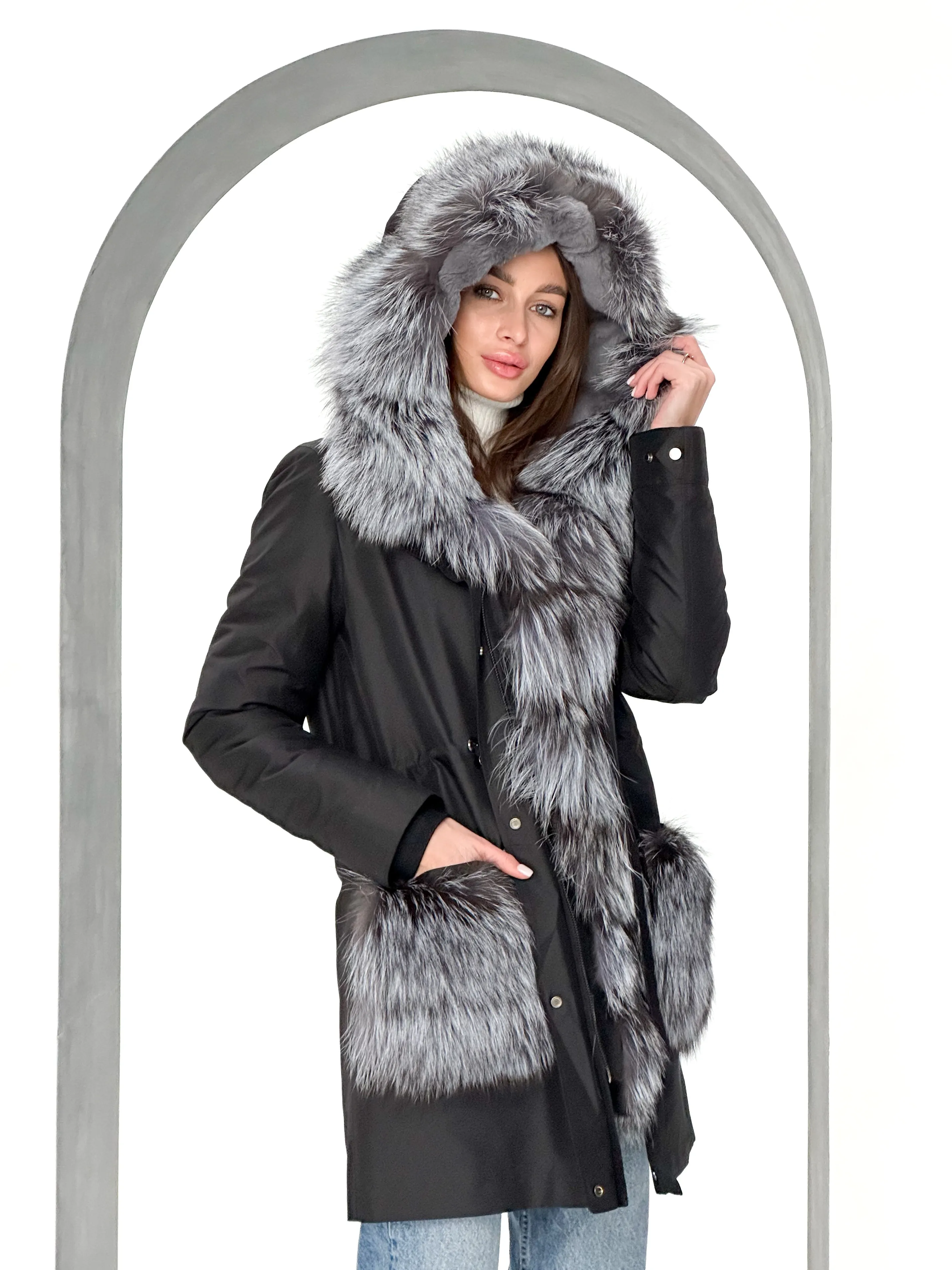 Genuine Silver Fox Fur Rabbit Fur Insulated Parka