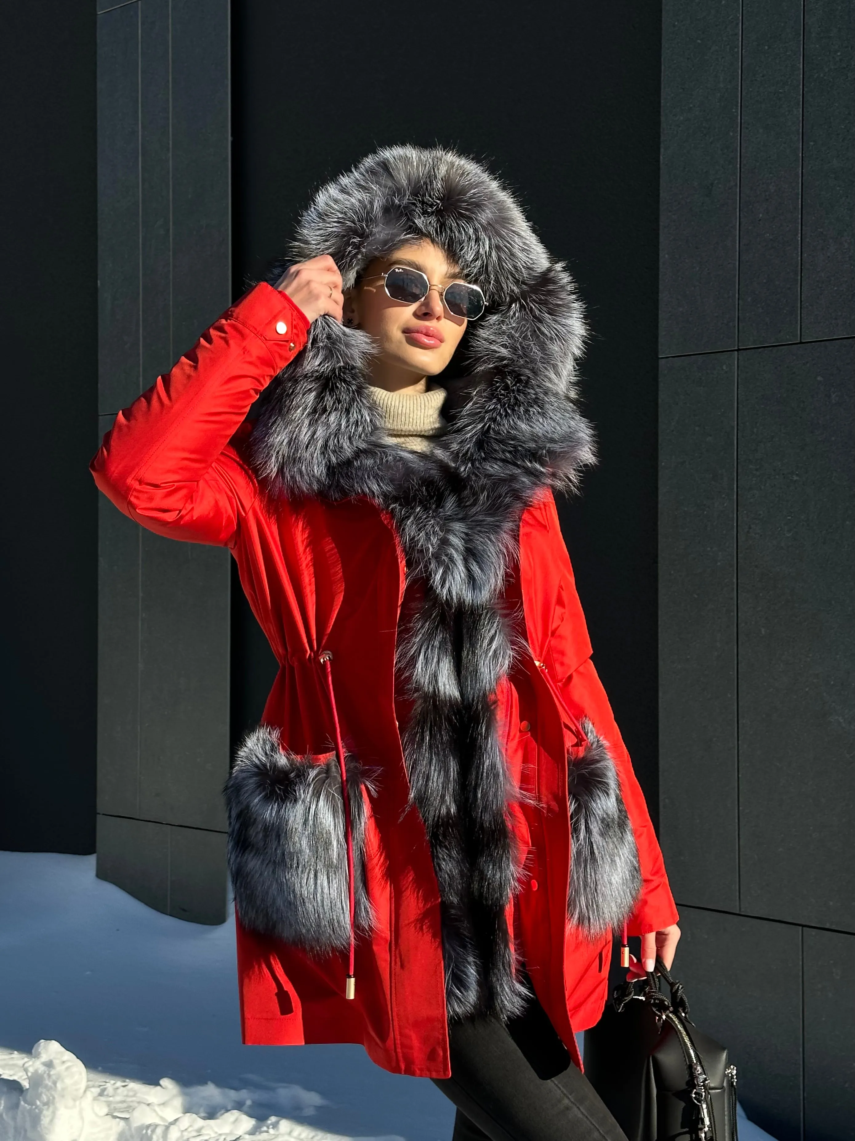 Genuine Silver Fox Fur Rabbit Fur Insulated Parka