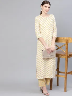 Geometric Cream Printed Round Neck Straight Kurta With 3/4Th Sleeves And Beige Printed Pants