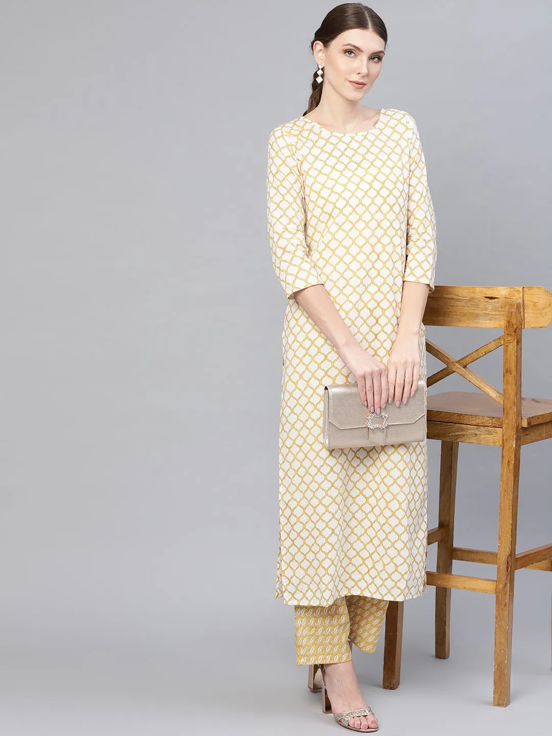 Geometric Cream Printed Round Neck Straight Kurta With 3/4Th Sleeves And Beige Printed Pants