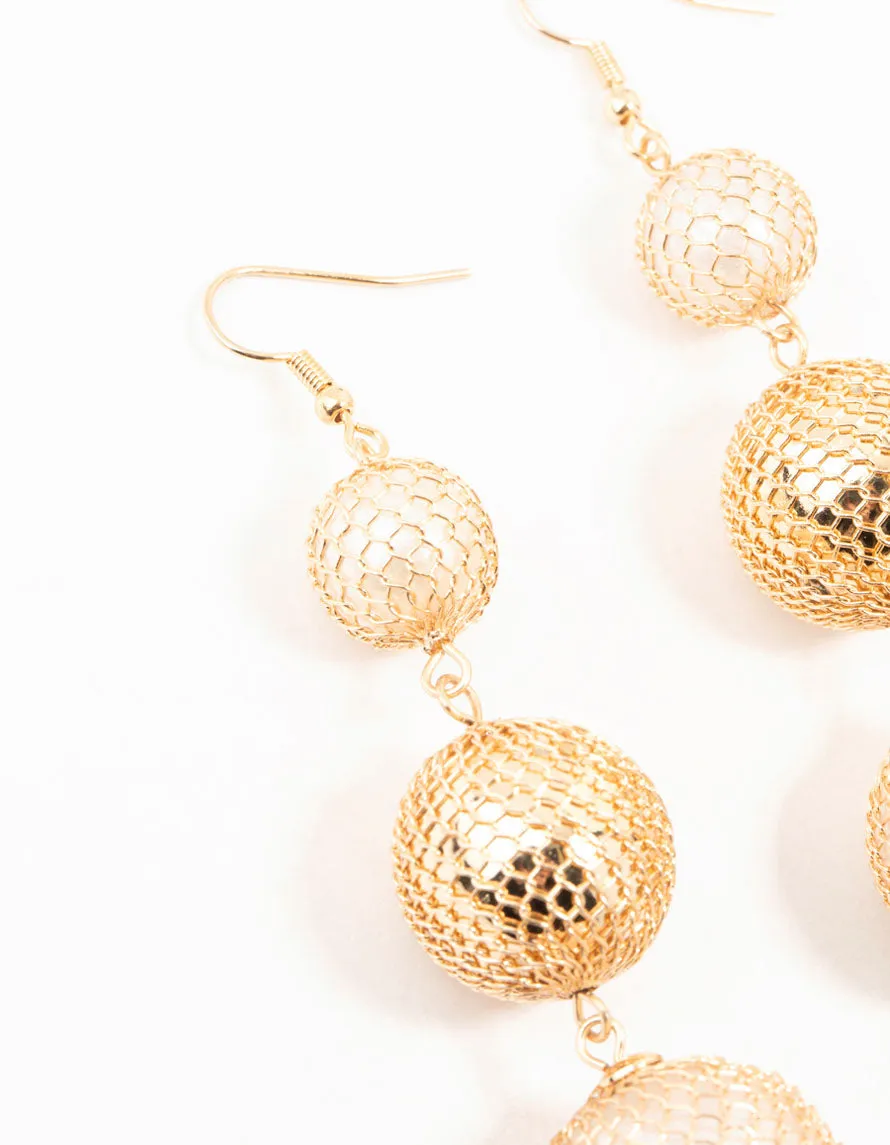Gold Fishnet Ball Drop Earrings