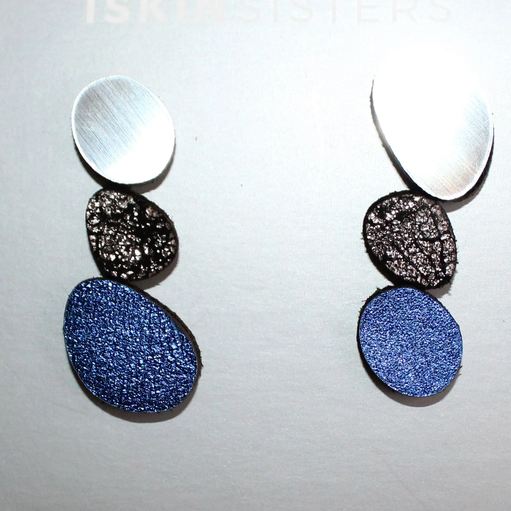 Iskin Sisters Earrings, Silver/Blue/Gold & Black
