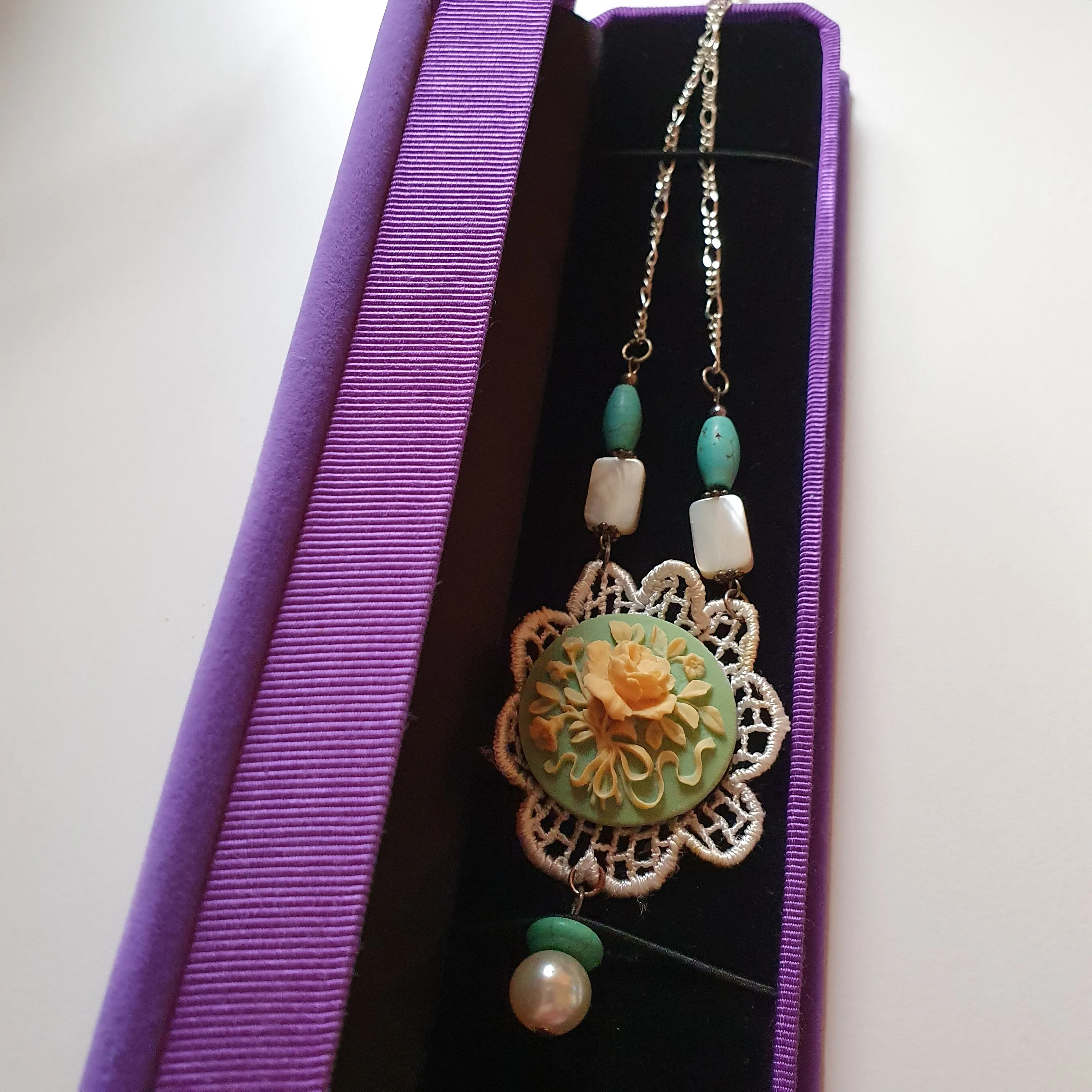 Ivory/Mint Green Rose cabochon with flower lace necklace