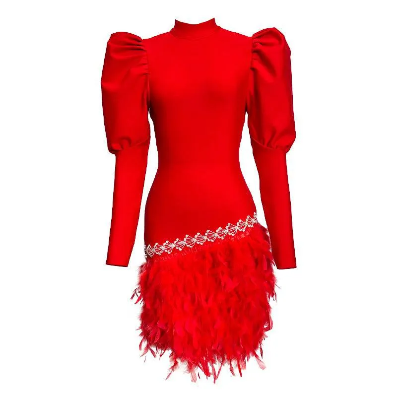 Mary Puff Sleeve Asymmetrical Feather Hem Mini Dress