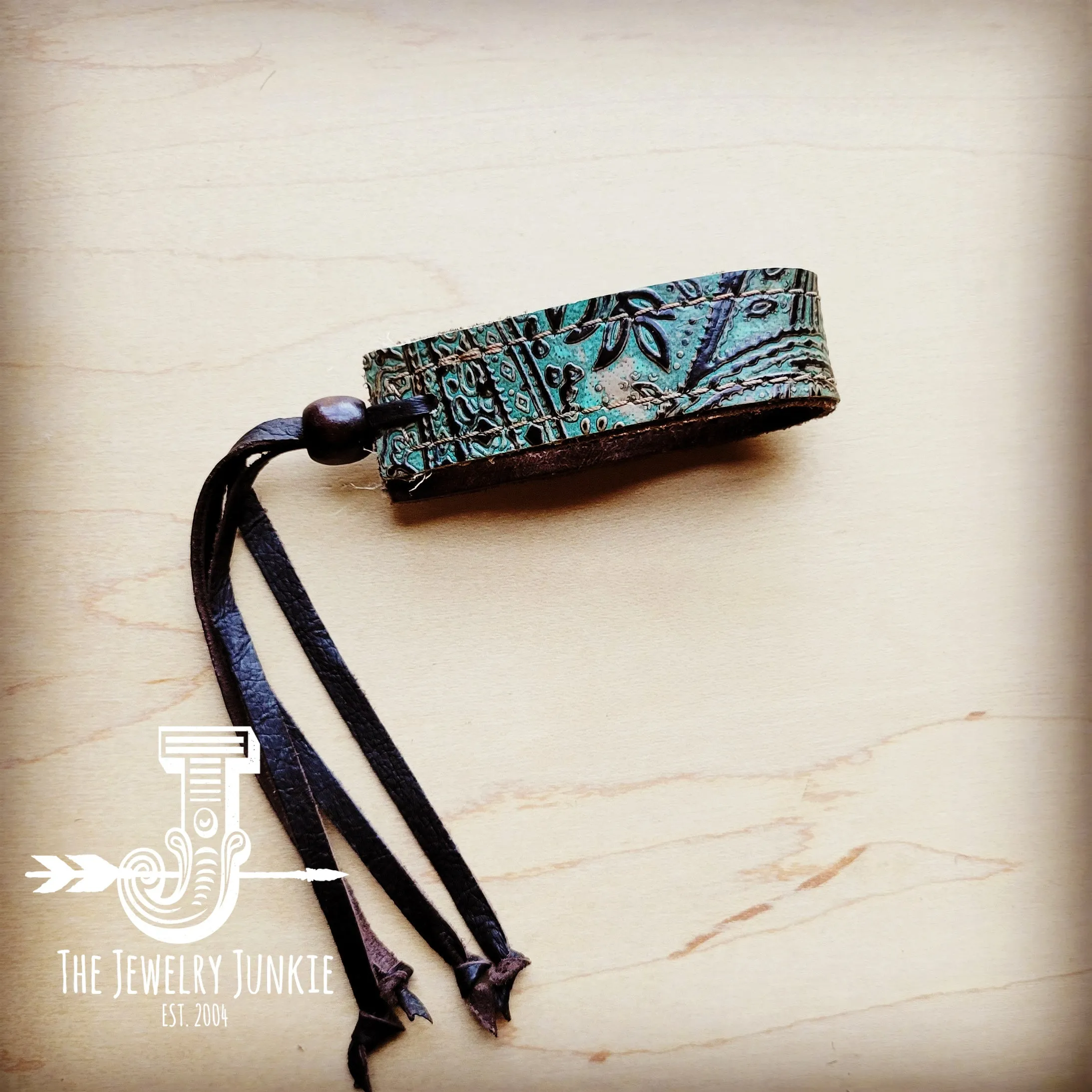 **Narrow Leather Cuff w/ Adjustable Ties in Turquoise Brown Paisley 004n