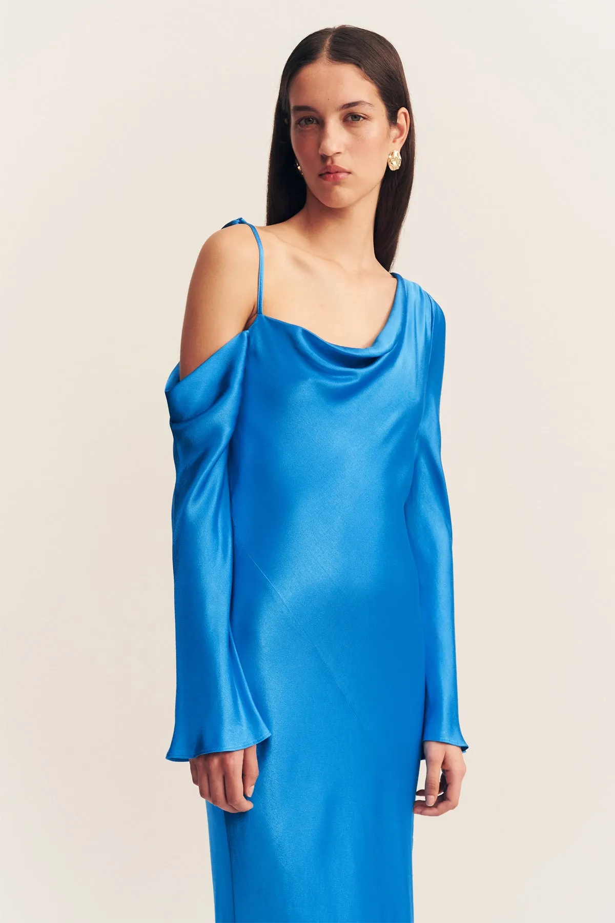NORA ASYMMETRICAL LONG SLEEVE MAXI DRESS - AQUA