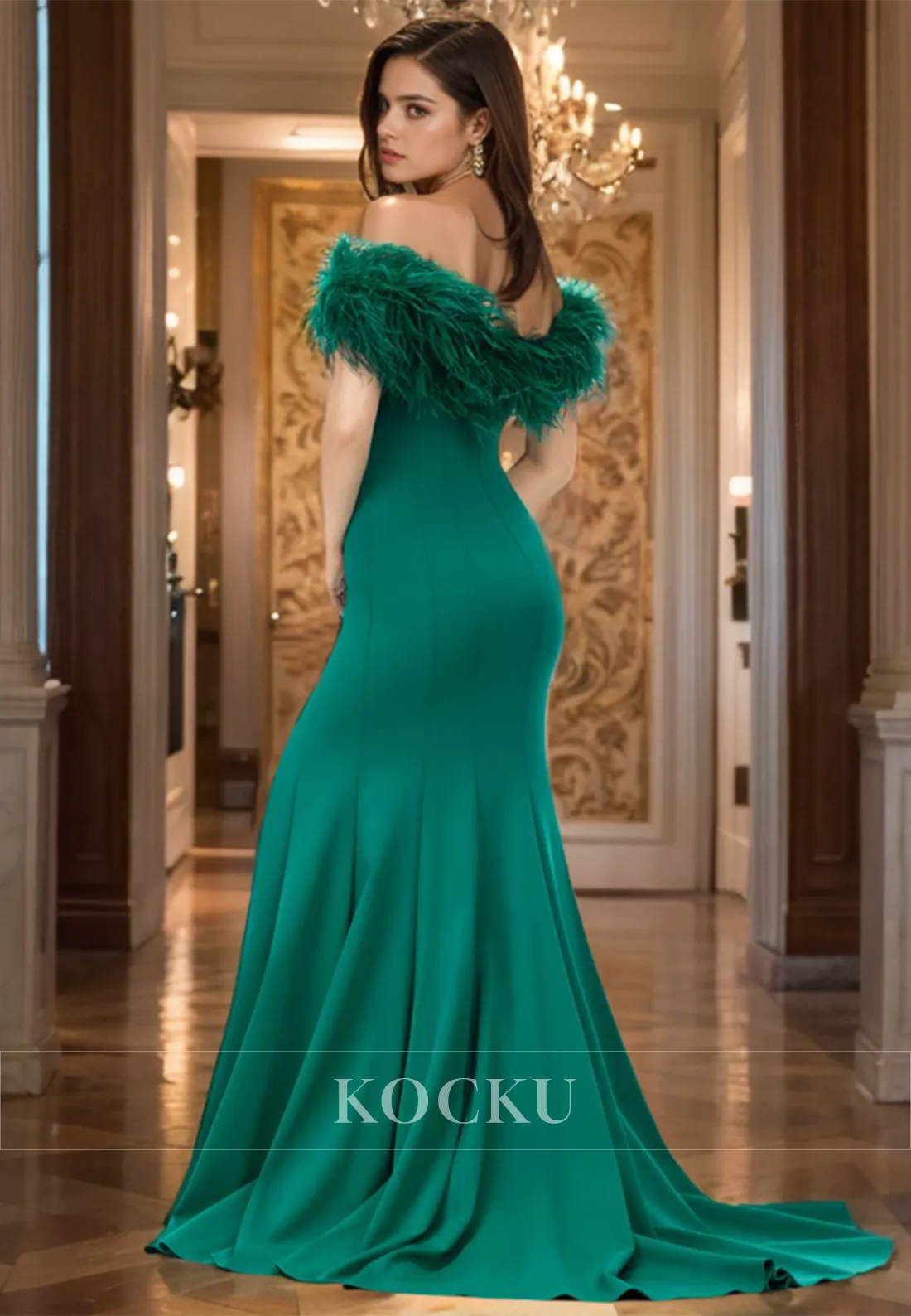 Off-Shoulder Sweetheart Sleeveless Mermaid Sweep Train Slit Prom Dress with Feather Party Dress