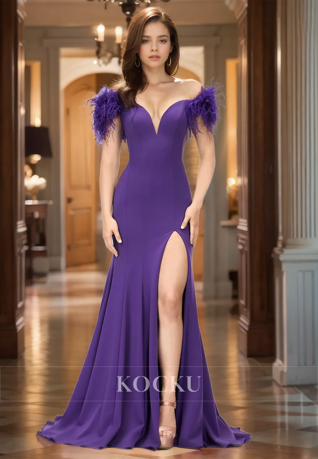 Off-Shoulder Sweetheart Sleeveless Mermaid Sweep Train Slit Prom Dress with Feather Party Dress