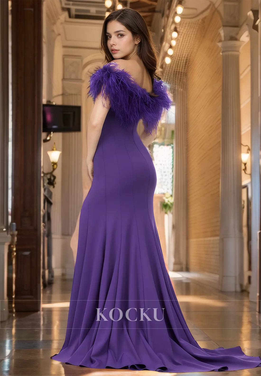 Off-Shoulder Sweetheart Sleeveless Mermaid Sweep Train Slit Prom Dress with Feather Party Dress