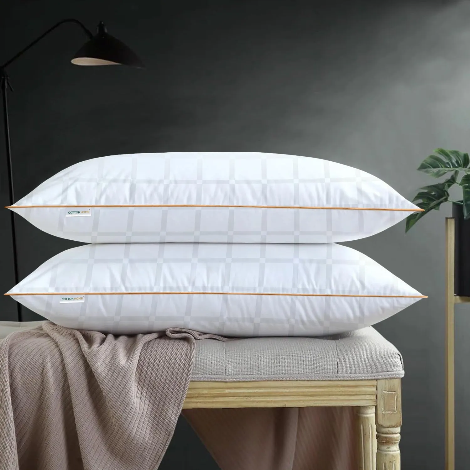 Royal Angler Dobby Premium King Pillow with Gold Cord - White, 50x90cm - Grid