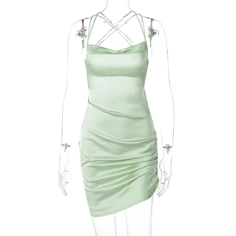 Satin Women Strap Mini Dress Ruched