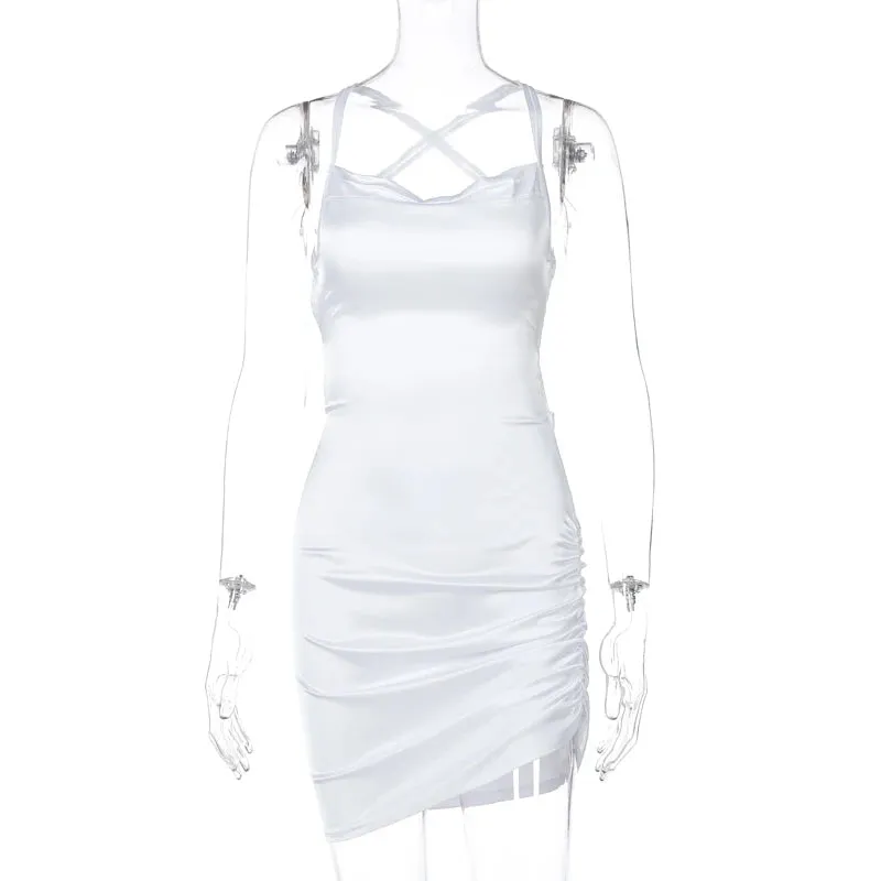 Satin Women Strap Mini Dress Ruched