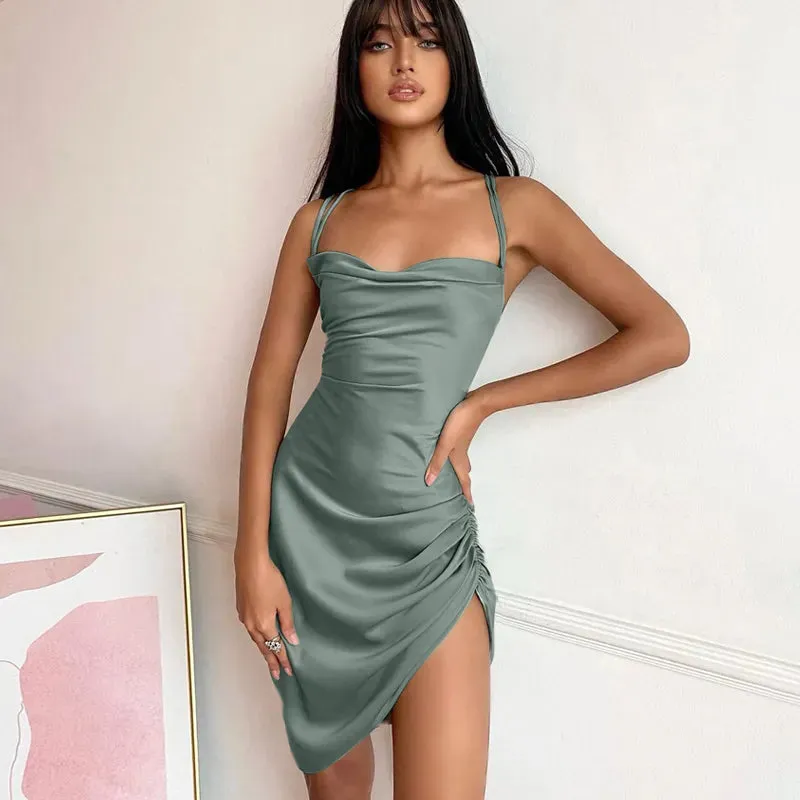 Satin Women Strap Mini Dress Ruched