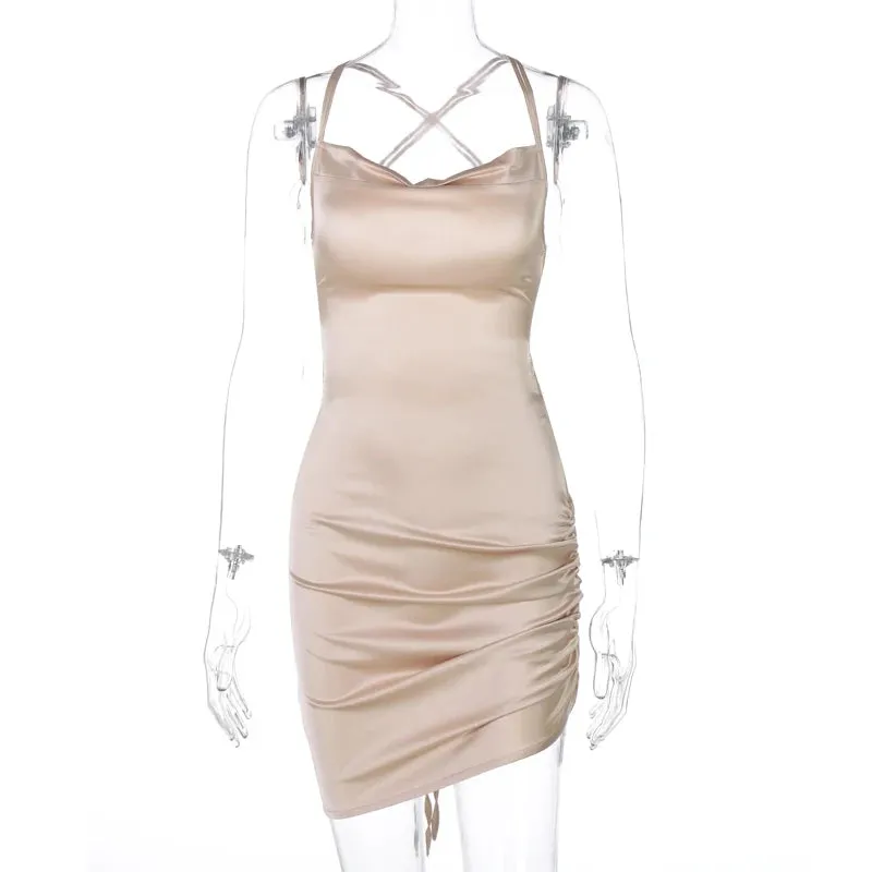 Satin Women Strap Mini Dress Ruched