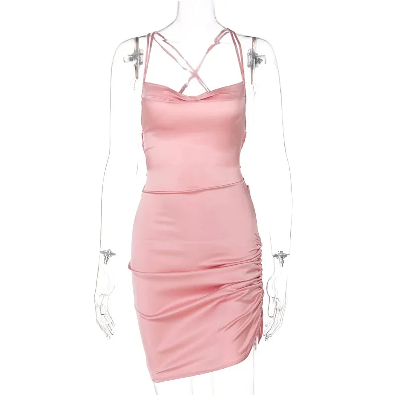 Satin Women Strap Mini Dress Ruched